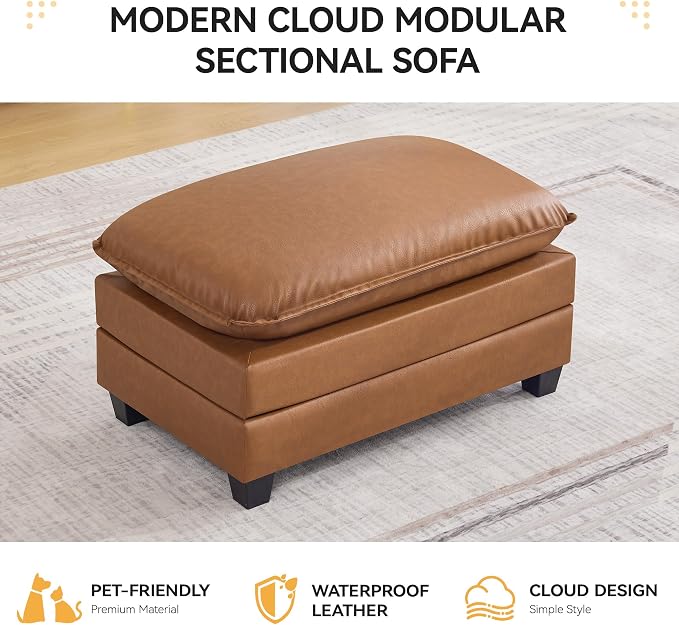WUTUTUEE 35'' Modern Leather Cloud Sofa Ottoman,Rectangle Ottoman for Modular Sectional Sofa, Leather Light Brown