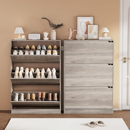 Shoe Storage Cabinet, Wood Shoe Organizer for Entryway with 3 Flip Drawers, Freestanding Shoe Rack with Adjustable Shelf, Narrow Shoe Dresser for Front Door Entrance (Grey, 3 Drawers)