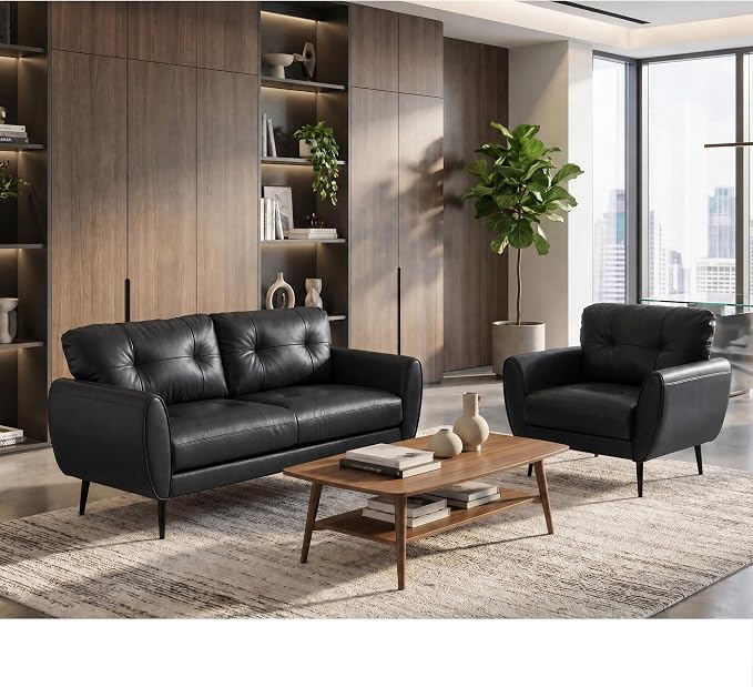 TYBOATLE Sofa Couch 61" Small Loveseat Couches for Living Room Leather Couch Mid Century Modern Tufted Mini Sofa Comfy Office 2 Seat Settee Love Seat for Small Spaces Bedroom (2, Black)