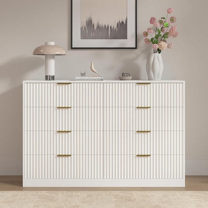 White 8 Drawer Dresser for Bedroom, 55" Wide Fluted Chest of Drawers with Gold Metal Handles, Modern Wooden Dresser, Closet Storage Organizer Mid Century TV Stand for Living Room Hallway