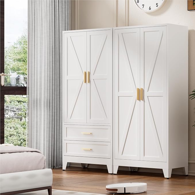 Washsemba 71'' Farmhouse Metal Wardrobe Cabinet with Hanging Rod, 2 Barn Door Wardrobe Closet with Adjustable Shelves,2 Drawer,for Dining Room,Bedroom,Living Room, Cloak Room,Office (White)