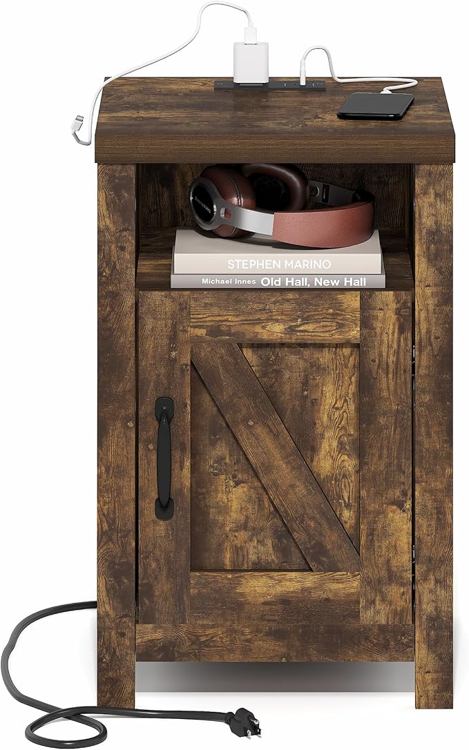 Furinno Farmhouse Night Stand with Charging Station, Bedside Table, Side Table, End Table with Door, USB Ports and Outlets, for Bedroom, Closet, Dorm, Amber Oak
