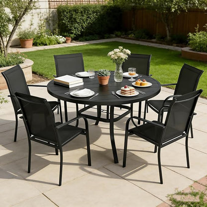 SUNCROWN 7 - Piece Outdoor Dining Set, Patio Furniture Set with 6 x Textilene Dinning Chairs and 53" Metal Round Table with Umbrella Hole for Lawn Garden Backyard Deck, Black
