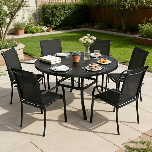SUNCROWN 7 - Piece Outdoor Dining Set, Patio Furniture Set with 6 x Textilene Dinning Chairs and 53" Metal Round Table with Umbrella Hole for Lawn Garden Backyard Deck, Black