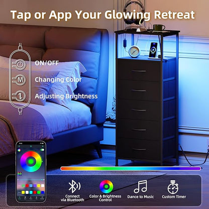 Somdot Black Nightstand with Charging Station and LED Light for Bedroom, Tall 5 Drawers Dresser with Fabric Bins for Bedside Kids Dorm Room Closet Laundry Entryway, Black