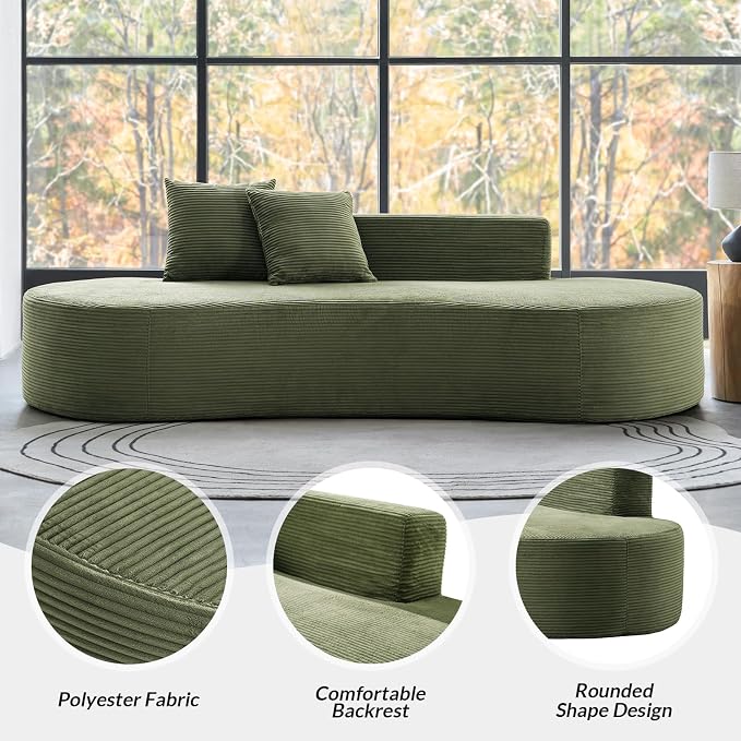 94.5" Modern Curved Sofa, 3-Seater Comfy Foam Couch with 2 Pillows, Frameless & No Assembly Required, Cloud Couch for Living Room, Green