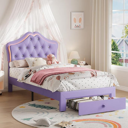 Garvee Full Size Bed Frame with LED Lights & Velvet Crystal Button Headboard, Upholstered Boy Platform Bed with Storage Drawer, Noise Free, No Box Spring Needed for Kids, Teens,