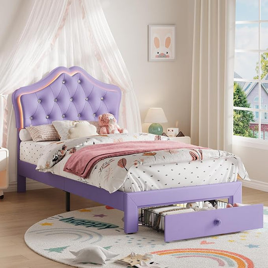 Garvee Full Size Bed Frame with LED Lights & Velvet Crystal Button Headboard, Upholstered Boy Platform Bed with Storage Drawer, Noise Free, No Box Spring Needed for Kids, Teens,