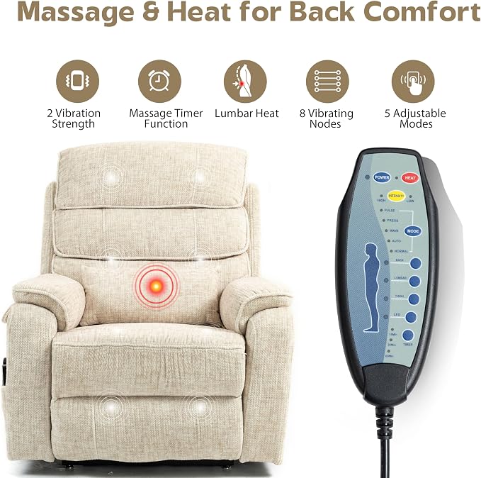 JIKFRIMA Power Lift Recliners Chairs for Elderly Adults Lay Flat Recliner with Heat & Massage, Wireless Charging Device, USB Ports, Cup Holder, Lumbar Pillow, 400Lbs (Velvet Fibric,Beige)