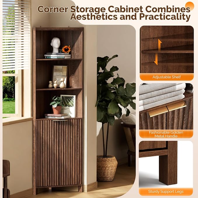 VINGLI Tall Corner Cabinet with Fluted Doors, 68" Walnut Corner Storage Cabinet with Adjustable Shelves, Freestanding Wood Corner Bookshelf for Bathroom, Living Room & Kitchen, Space-Saving