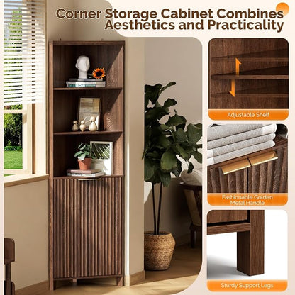 VINGLI Tall Corner Cabinet with Fluted Doors, 68" Walnut Corner Storage Cabinet with Adjustable Shelves, Freestanding Wood Corner Bookshelf for Bathroom, Living Room & Kitchen, Space-Saving