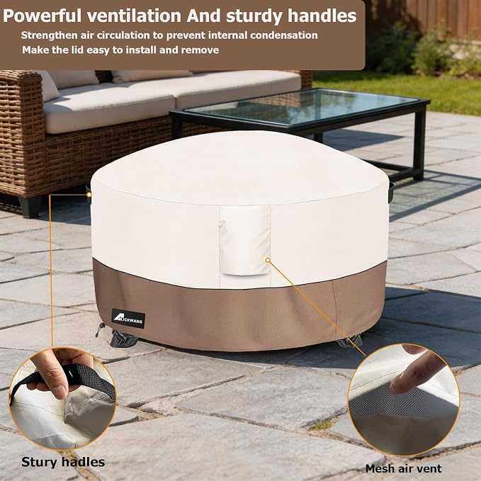 Fire Pit Cover Round 48 Inch Waterproof,Outdoor Heavy Duty Durable 600D Tear-Resistant Fire Pit Table Cover,Patio Round Firepit Cover 48" D x 24" H, Beige
