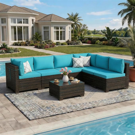 LAFWELL 7 Pieces Outdoor Patio Furniture Sets,Rattan Conversation Sectional Set,Manual Weaving Wicker Patio Sofa with Tea Table
