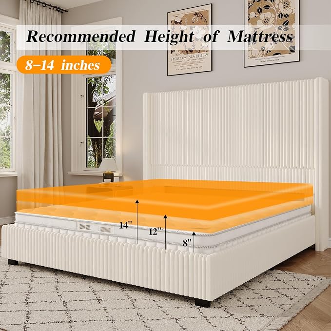 UNIQUITE King Size Lift Up Storage Bed Frame with 51 Inch Tall Wingback Headboard, Corduroy Upholstered Platform Bed with Hydraulic Storage, 2 USB Ports, No Box Spring Needed, Noise-Free, Beige
