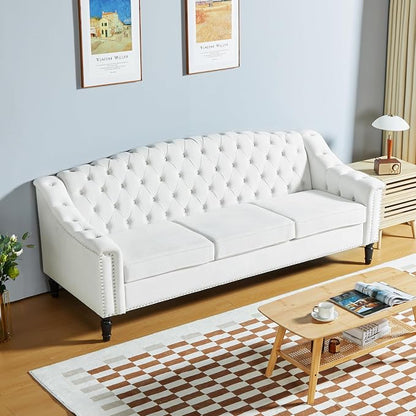 LEVNARY Mid-Century Modern Velvet Sofa, 80" Large Upholstered Sofa with High Back, Chesterfield Couch Sleeper Settee with Solid Wood Legs, Tufted 3 Seater Wide Couches for Living Room Office (White)