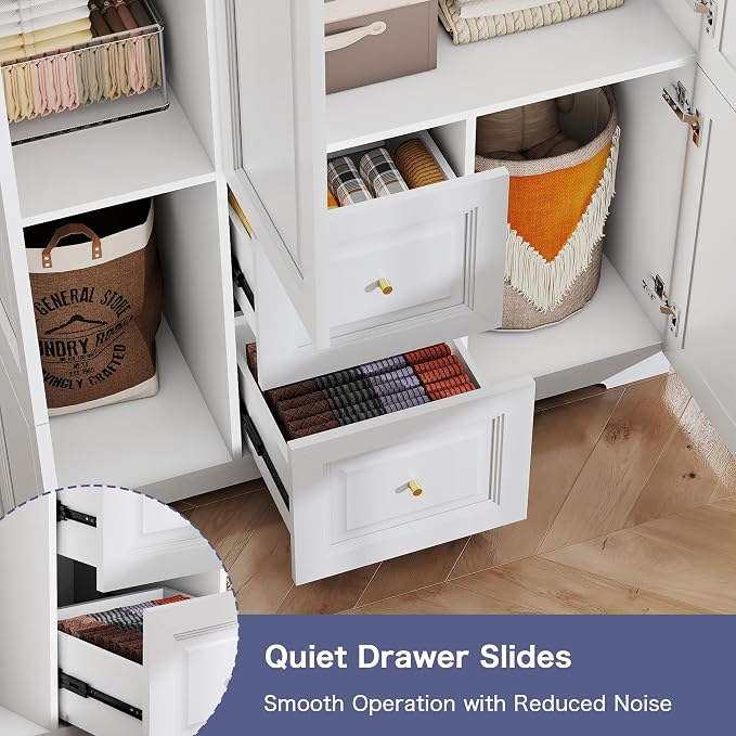 Armoire Wardrobe Closet with Drawers: 74" White Wardrobe with 2 Drawers, 3 Doors Bedroom Armoires with Hanging Rod, Tall Closet Cabinet for Hanging Clothes (47")