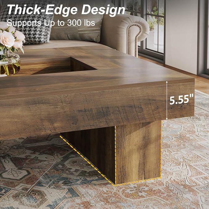 LVB Coffee Table, Modern Wood Led Living Room Table with Storage, Farmhouse Large Rectangle Center Table with LED Light, Unique Wide Low Tea Table for Living Room Home Office, 47.24 in, Rustic Oak