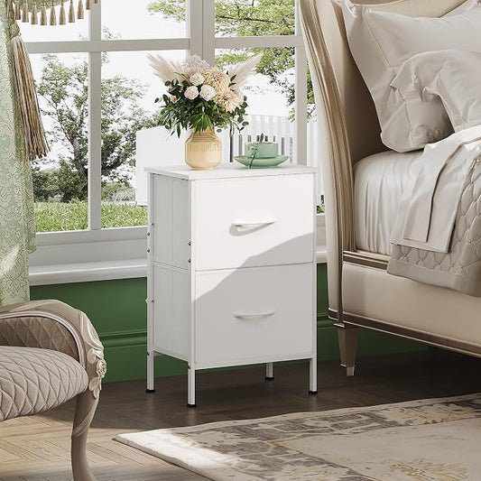 WLIVE White Night Stand, Small Dresser with 2 Drawers & Wooden Top, Nightstand with Fabric Bins, Bedside Table End Table for Bedroom, Closet, Entryway, College Dorm, White