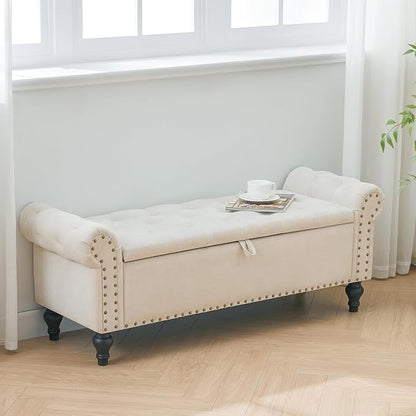 51" Storage Bench for Bedroom, Upholstered Ottoman Bench, Chenille Beige | End of Bed Bench for Bedroom, Window Benches for Living Room, Entryway, Ottoman with Large Storage Space, Pet Friendly