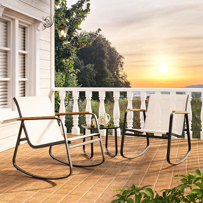 Ahomly 3 Pieces Patio Furniture Set, Outdoor Textilene Furniture Set with Wooden Armrests, Coffee Table with Tempered Glass Tabletop, Patio Chairs for Lawn, Balcony, White