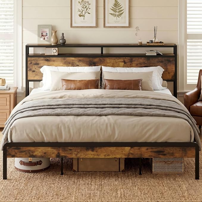 LIKIMIO King Size Bed Frame, Platform Bed with 2-Tier Storage Headboard | Metal Bed Frame, Solid and Stable, Noise Free, No Box Spring Needed, Easy Assembly, Durable, Industrial Brown