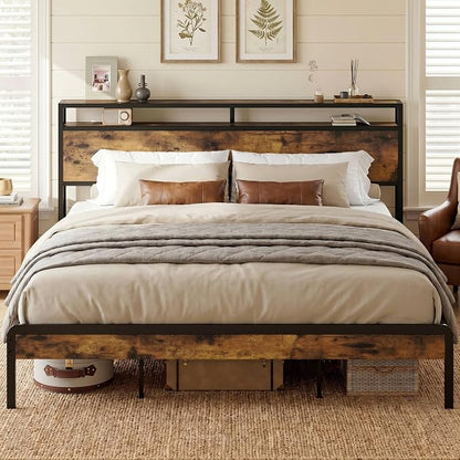 LIKIMIO King Size Bed Frame, Platform Bed with 2-Tier Storage Headboard | Metal Bed Frame, Solid and Stable, Noise Free, No Box Spring Needed, Easy Assembly, Durable, Industrial Brown
