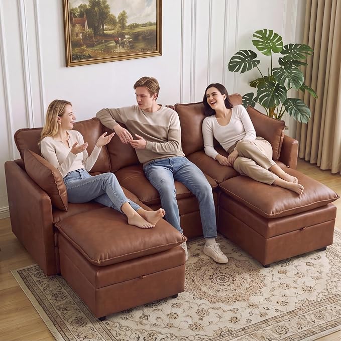 80" Brown Faux Leather Storage 3 Seater Sofa with 2 Ottomans, Comfy Couch | Convertible Modular Sectional Sofa, U Shaped Oversized Couch, Upholstered Large Cloud Couch For Living Room, Apartment.