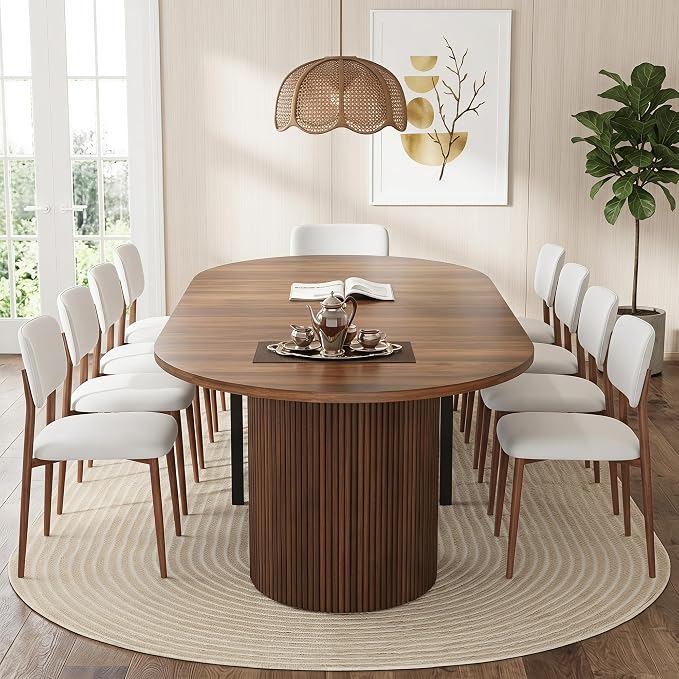 weselon 42"-120" Extendable Dining Table for 4-14, Expandable Oval Dining Room Table with Fluted Pedestal Base & Reinforced Metal Support Leg, Extra Large Modern Kitchen Table (Walnut)