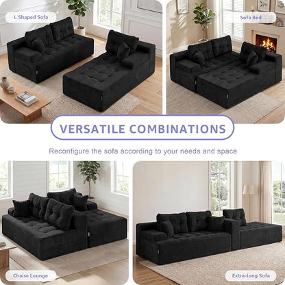 Hobestluk Modular Sectional Sofa Couches L-Shape Couch 3 Seat Modular Sofa Memory Foam Sectional Couches for Living Room, Cloud Couch with Oversized Chaise (Ebony Corduroy, 96", Right Hand Facing)