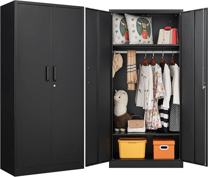 Metal Wardrobe Cabinet with Hanging Rod & Lock,Black Armoire Wardrobe Closet,Metal Clothing Storage Cabinet with Adjustable Shelves and Doors,72" Amroire Storage Cabinets for Home,Living/Laundry Room