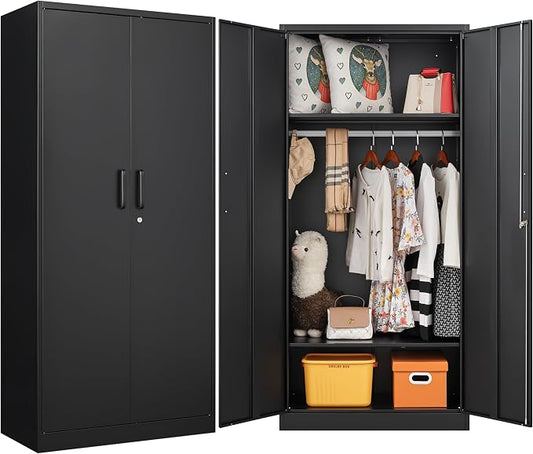 Metal Wardrobe Cabinet with Hanging Rod & Lock,Black Armoire Wardrobe Closet,Metal Clothing Storage Cabinet with Adjustable Shelves and Doors,72" Amroire Storage Cabinets for Home,Living/Laundry Room