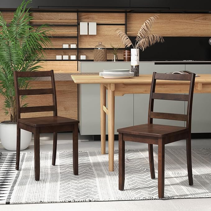 Giantex Wood Dining Chairs Set of 4 Walnut- Wooden Armless Kitchen Chairs with Solid Rubber Wood Legs, Non-Slip Foot Pads, Max Load 400 Lbs, Farmhouse Style High Ladder Back Dining Room Chairs