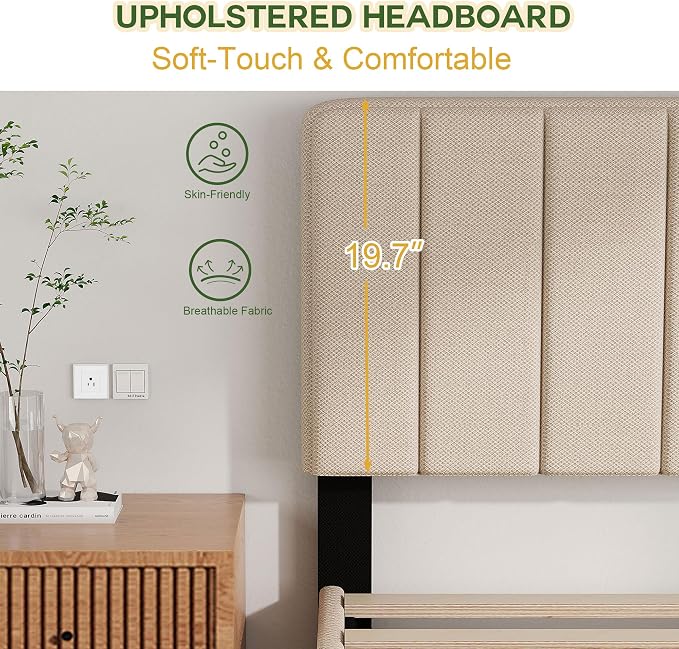 King Size Bed Frame with Headboard, Platform Bed with Soft Linen Upholstered Headboard | Wooden Slats Support | Adjustable Height | No Box Spring Needed, King Bed Frame Beige