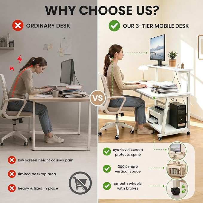 31.5 Inch Compact Rolling Computer Desk with Tier Worktable & Lockable Wheels, Small Computer Desk, Small Desk for Bedroom, Mobile Writing Workstation Easy Assembly for Home Office Small Spaces