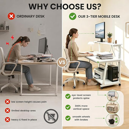 31.5 Inch Compact Rolling Computer Desk with Tier Worktable & Lockable Wheels, Small Computer Desk, Small Desk for Bedroom, Mobile Writing Workstation Easy Assembly for Home Office Small Spaces