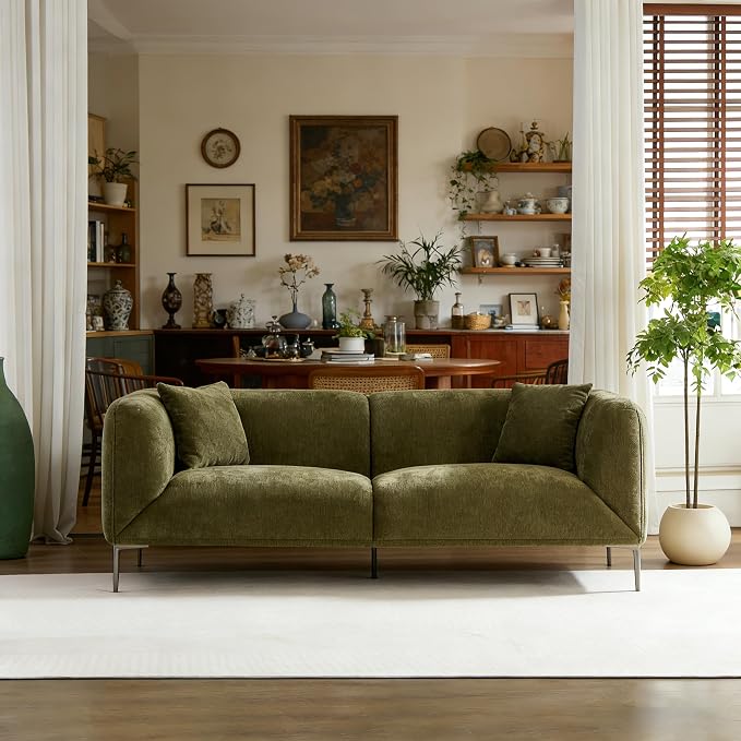 82.68"Modern Luxury Fabric Sofa Couch with Metal Legs, Upholstered 3-Seater Sofa for Living Room, Easy Assembly Contemporary Linen Couch, Stylish Comfort Seating for Apartment & Home(Green)