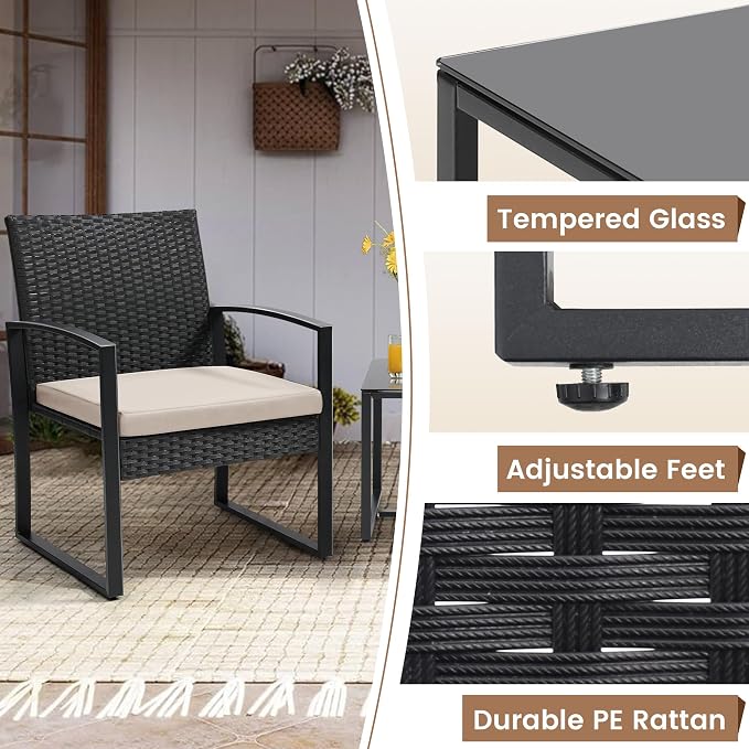 Murago 3 Piece Wicker Patio Bistro Set, Rattan Conversation Set with Coffee Table, for Balcony, Porch, Garden, Yard, Poolside, Black Frame with Beige Cushion