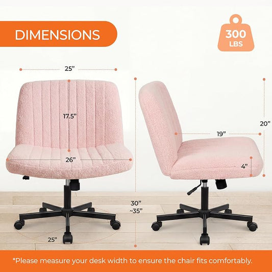 Orange Factory Criss Cross Chair Wheels Vanity Chair Office Desk Comfy Wide Cross Legged Armless Teddy Fabric Adjustable Swivel for Home Computer Task (Pink, Teddy Fleece)