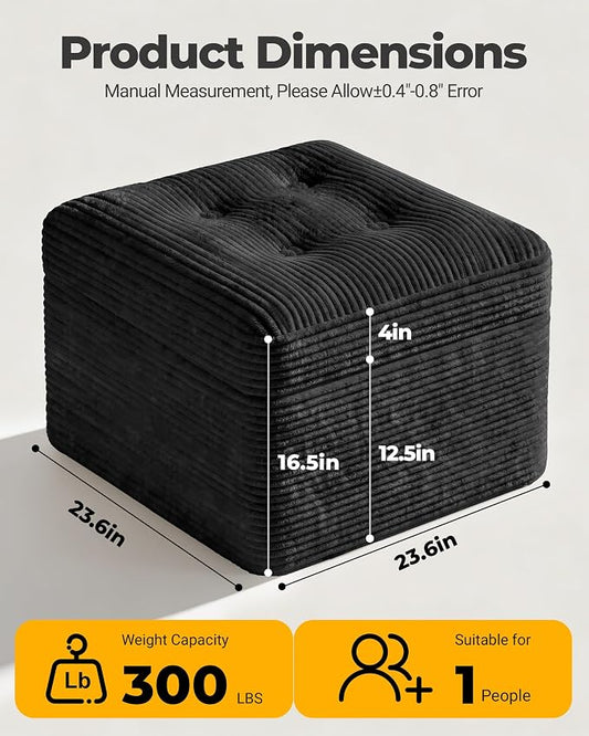 23.6in Pouf Ottoman, Corduroy Ottoman Foot Rest with Dual‑Layer Support, Large Plush Pouf with Soft Chunk‑Foam Top & Firm Foam Base, Floor Foot Stool for Living Room, Black