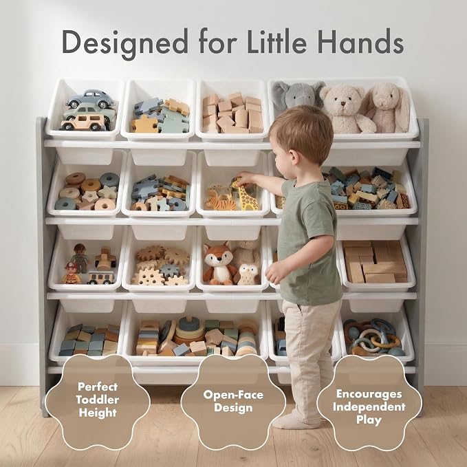 Humble Crew Toy Storage Organizer with 16 Removable Storage Bins for Kids Playroom, 4-Tier Toddler Toy Organization and Storage, Grey/White