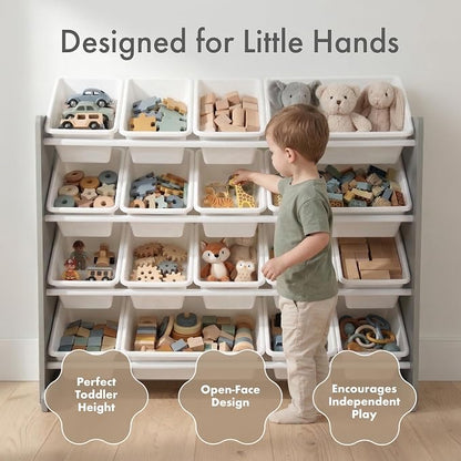 Humble Crew Toy Storage Organizer with 16 Removable Storage Bins for Kids Playroom, 4-Tier Toddler Toy Organization and Storage, Grey/White