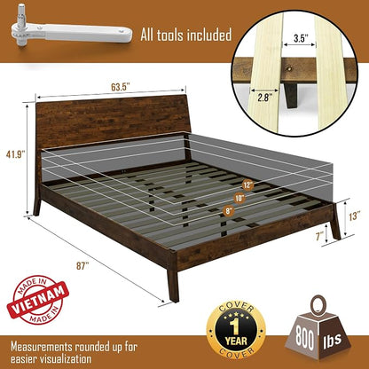 Acacia Serenity Queen Bed Frame with Headboard Natural Wood Bed, Scandinavian Signature High Headboard Compatible with All Mattress Types, 30 Mins Assembly Wood Slats Support Bedroom Furniture, Walnut