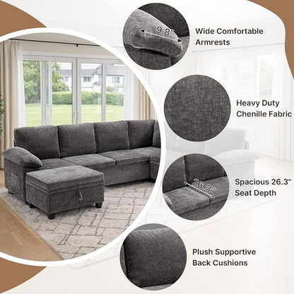 108" Modular Sectional Sofa Bed with Storage, L Shaped Pull Out Couch, Removable Chenille Sofa Cover for Living Room (Grey, 7 Seat)