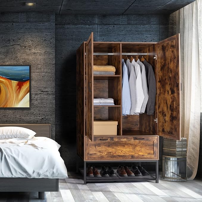VINGLI 38" W Armoire, Wardrobe Closet with Hanging Rod, Bedroom 71" Freestanding Wardrobe Cabinet with Doors, Adjustable Shelves and Drawer, Open Compartment, Rustic Brown