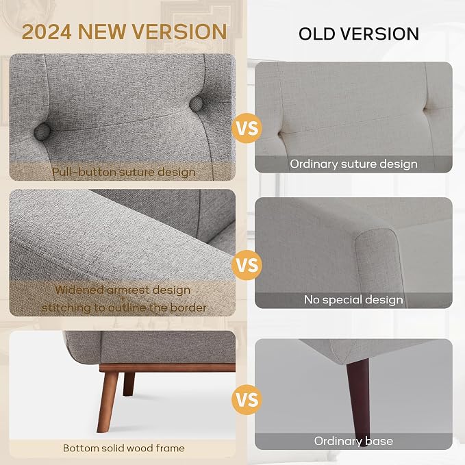 HUIMO Sofa Couch, Mid Century Modern Sofa with Solid Wood Frame, Button Tufted Couch for Bedroom, Living Room, Office, Apartment (Dark Grey, 60 inch)