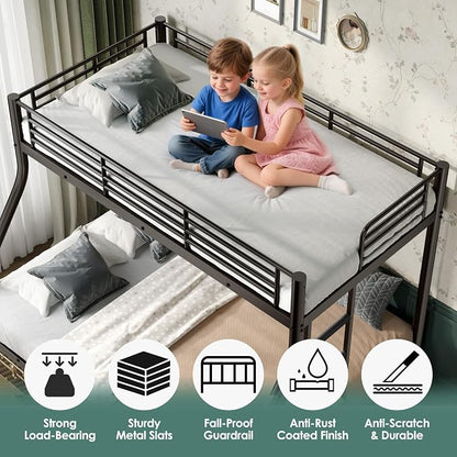 Twin XL Over Queen Bunk Bed Size, Heavy Duty Bunk Beds with Bottom Space & Guardrail Metal Bunk Bed Frame for Adults Dorm Bedroom Guest Room, No Box Spring Needed（Upgrate Black）