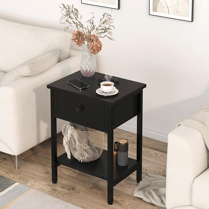 Nightstands Set of 2 with Drawers, Bedside Table Set of 2 with Storage Shelf, Heavy Duty End Side Table for Living Room Bedroom Small Space Sofa Couch, Wood Metal Night Stand, Easy to Assemble, Black