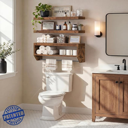 QEEIG Bathroom Floating Shelves for Wall - Shelf Over Toilet Paper Storage Farmhouse 32 inch Long Set of 3, Rustic Brown (028-80BN3)