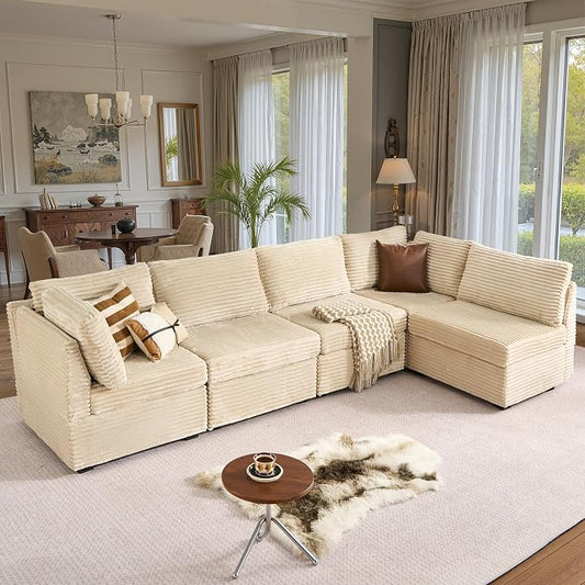 ovios Modular Sectional Sofa Couch with U-Shape Chaise Oversized, Comfy Plush Corduroy Cloud Couches, Modern Luxury Deep Seat Sofas Set for Living Room, 5-Seater, Beige