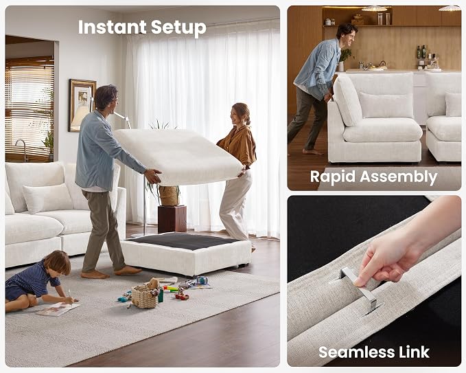 115" Oversized Chenille Couch Modular Sectional Sofa, Washable Cloud Couch Sectional with Ottoman, 4 Seater Sectional Couches for Living Room, Fully Cover Removable, L Shaped, Chenille, White